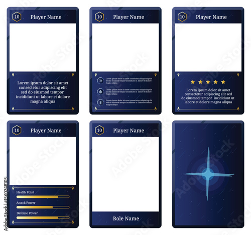 complete game card template with space theme and dark blue color combination, for ui game, trading card game, and player collection card purposes. available with eps 10 file