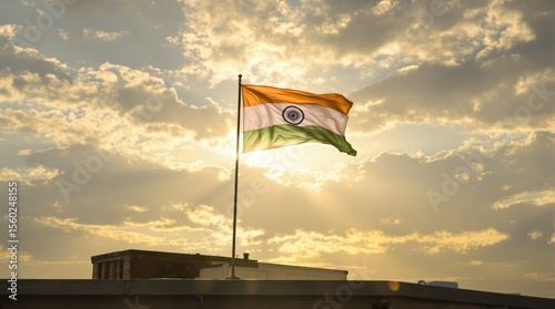 Indian national flag waving against sunset sky