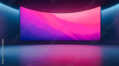 Authentic concave LED display for a wall or platform. Large TV display depicted colorful in dark room, Large projection screens. 