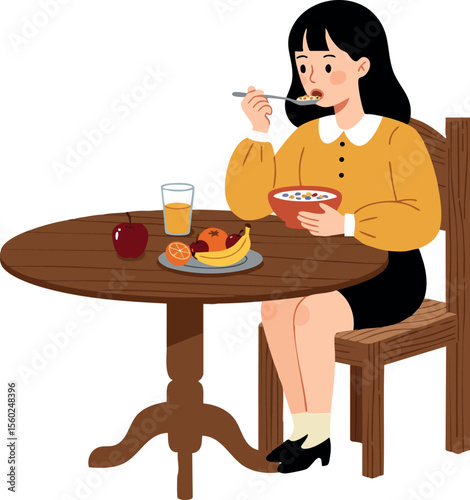 Woman eating breakfast at wooden table with fruit and juice in casual clothing enjoying meal vector illustration