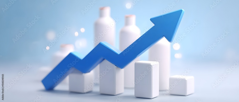 Fototapeta premium A blue arrow rises sharply over white bar graphs symbolizing growth, progress, and business success on a light blue background.