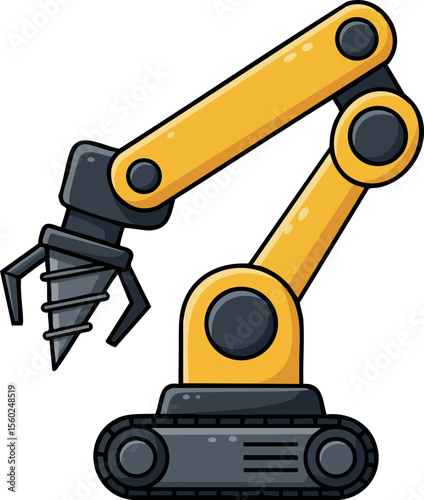 Industrial robotic arm with drill attachment in yellow and black colors for manufacturing automation and precision engineering tasks