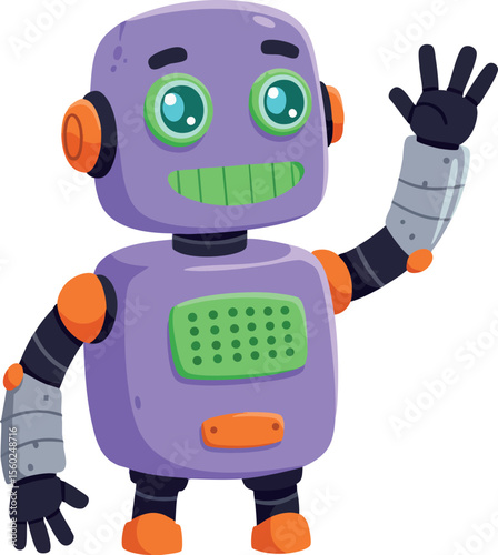 Purple friendly robot waving hand with green digital face and orange joints vector character design