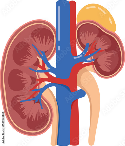 Human kidney anatomy detailed vector diagram showing renal arteries veins and ureter for medical education and healthcare purposes