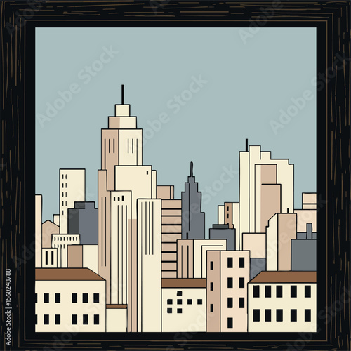 City skyline with beige and gray urban buildings in framed vector illustration for modern interior design