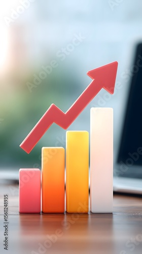 A colorful bar chart with an upward trending red arrow, symbolizing growth or success, placed on a desk with a blurred background.