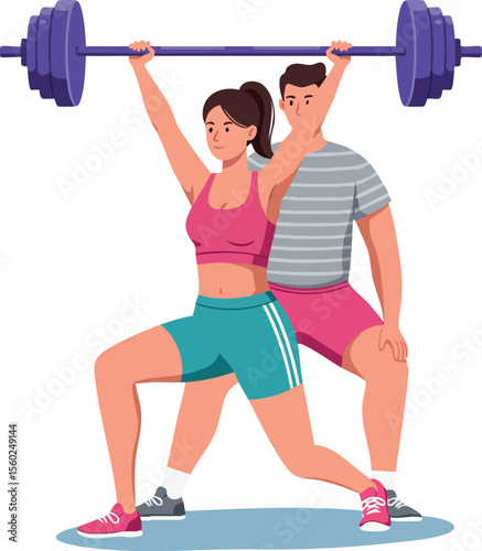 Woman lifting barbell with man spotting her during weight training exercise for fitness and strength building vector illustration