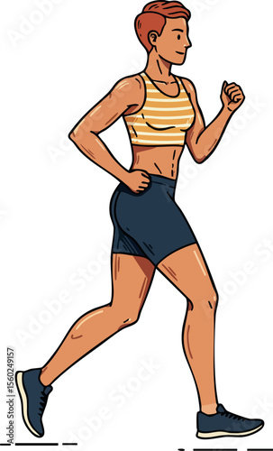 Female runner jogging in sporty outfit with striped tank top and shorts active fitness exercise concept