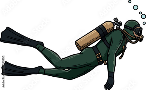 Scuba diver in dark green wetsuit with oxygen tank and flippers underwater vector illustration