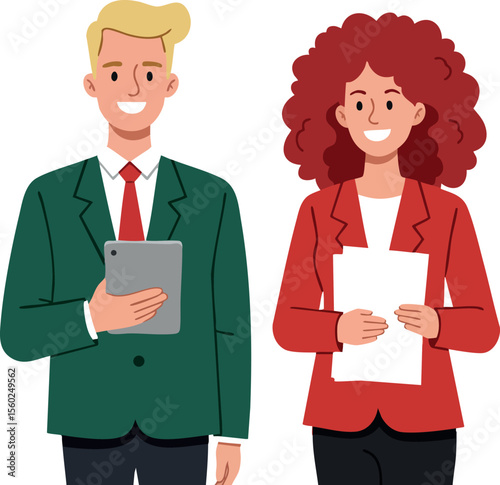 Businessman and businesswoman holding documents and tablet in professional attire smiling confidently