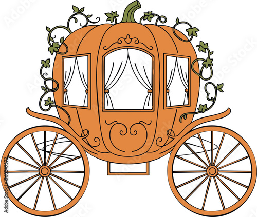 Pumpkin Carriage Fairy Tale Vehicle with Ornate Windows and Vine Decoration Vector Illustration