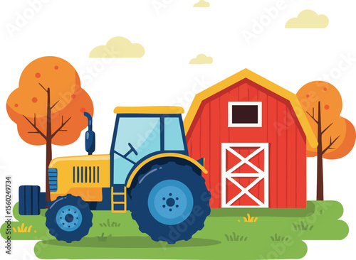Yellow tractor near red barn with autumn trees and green grass in rural farm landscape vector illustration