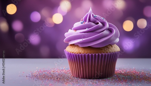 cupcake mock up with purple frosting and sprinkles nplenty of copy space