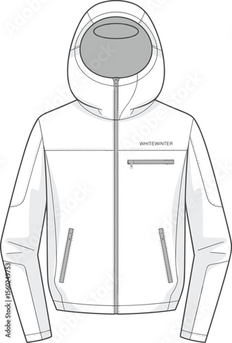 CAD drawing flat vector illustration of stylish men’s hooded winter jacket with zipper pockets, technical sketch fashion template design