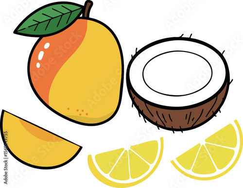Mango coconut and lemon fruit slices colorful tropical vector illustration with green leaf and brown shell