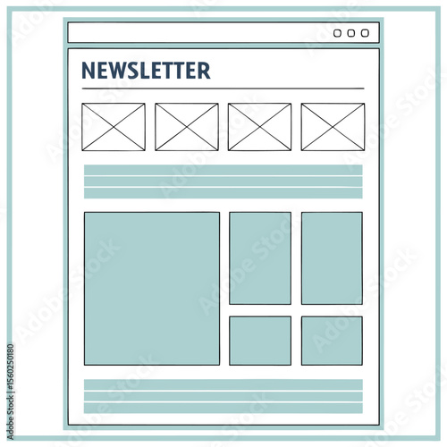 Illustration of a newsletter layout with placeholder images and text blocks in a simple design style