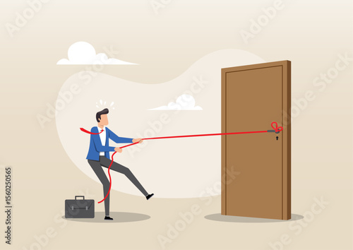 A businessman pulling on a long red rope to a close door
