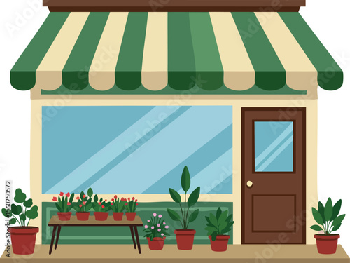 Flower shop storefront with green striped awning and potted plants outside vector illustration