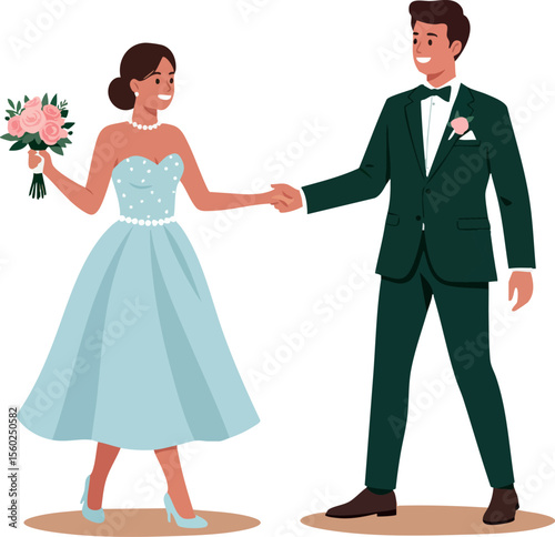 Bride and groom holding hands with bouquet wedding ceremony illustration vector art 19th century style