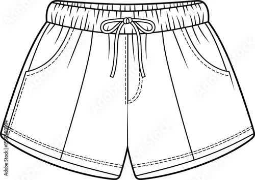 CAD drawing flat vector illustration women’s elastic waist shorts technical front view fashion design with pocket stitch detail sketch