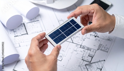 An engineer holding a solar panel, surrounded by blueprints and design plans