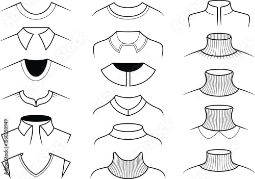Fashion Collar Neckline Technical Flat Sketch Vector CAD Template Top View for Apparel Design Collection Stock Illustration Download