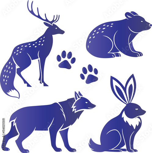 Blue forest animals and paw prints deer bear
