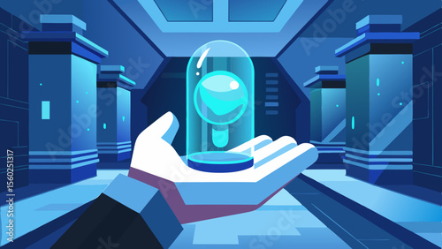 Futuristic hand holding a glowing capsule in a high-tech laboratory environment