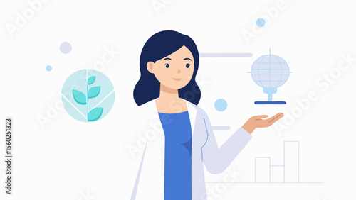 Female scientist in lab coat presenting biotechnology concept with plant and digital globe icons