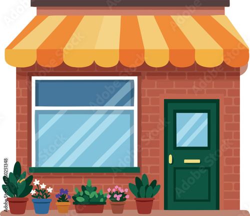 Small brick storefront with yellow striped awning and green door decorated with potted plants vector illustration