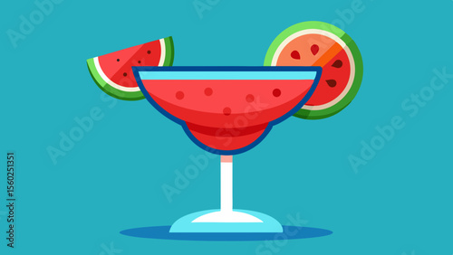 Watermelon cocktail in a margarita glass with fresh fruit slices on a blue background