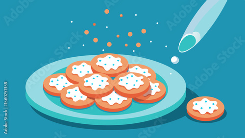 Plate of frosted cookies being sprinkled with sugar under a modern stylized background