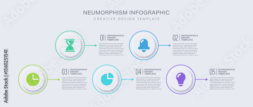 Horizontal infographic template with neumorphism style with five steps or options. Business infographic elements with icons