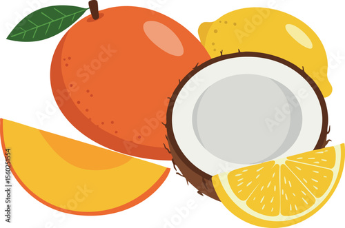 Mango coconut lemon tropical fruit vector illustration in bright colors fresh healthy food design