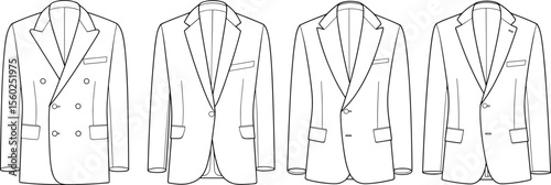 Men’s blazer fashion CAD flat sketch top view vector template for technical drawing, apparel design, menswear and stock illustration