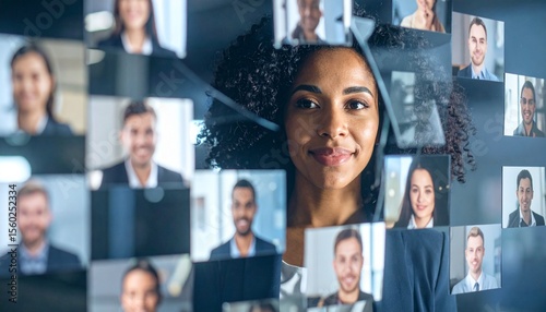 A woman in the center of a grid of smiling faces, showcasing a virtual meeting or online community