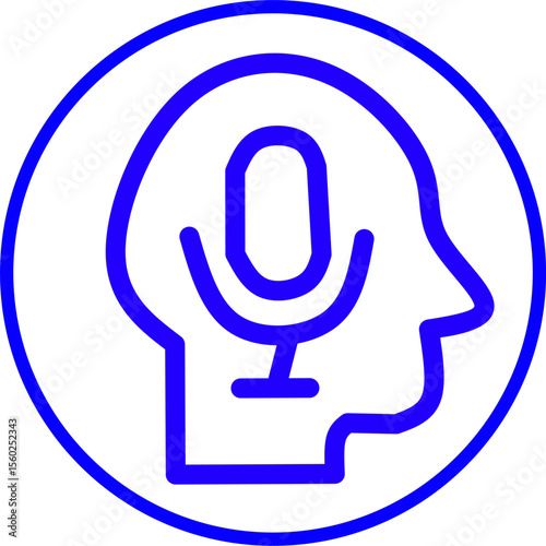 blue line icon voice recognition inside circle. Blue line icon with artificial intelligence theme (AI chip, robot, neural network) inside circle