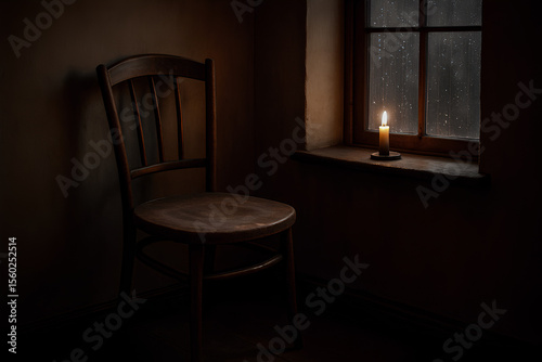 A lonely chair beside a rain-drenched window, illuminated by a solitary candle. The quiet sadness of the scene, combined with the rain and the flickering candle, symbolizes loss and the sorrow of wait