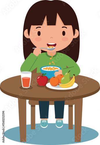 Child eating healthy breakfast with fruits and cereal at wooden table vector illustration