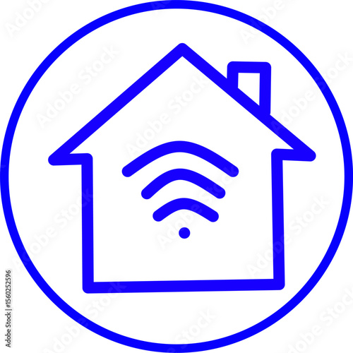 blue line icon Smart home inside circle. Blue line icon with artificial intelligence theme (AI chip, robot, neural network) inside circle