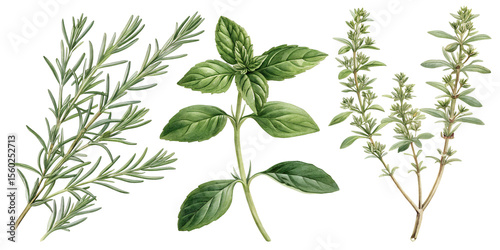 An illustration of rosemary, basil, and thyme herbs, isolated on transparent background