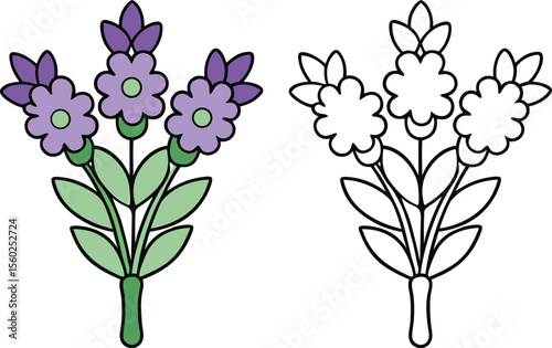 Colorful Floral Vector Illustration of Flowers with Purple Petals and Green Leaves