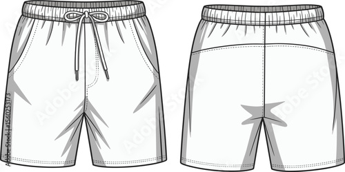 Men’s drawstring summer shorts top view fashion CAD flat vector technical sketch template apparel design stock illustration download