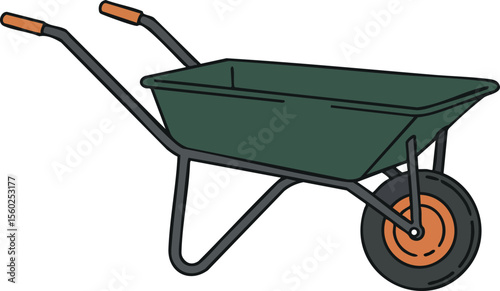 Wheelbarrow garden tool with orange handles and wheel for construction and landscaping work vector illustration