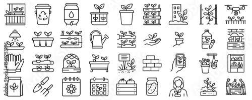 Collection of urban agriculture icons depicting hydroponics and other farming methods in a linear style