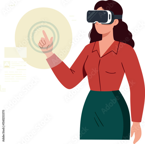 Woman using virtual reality headset interacting with digital interface technology vector illustration