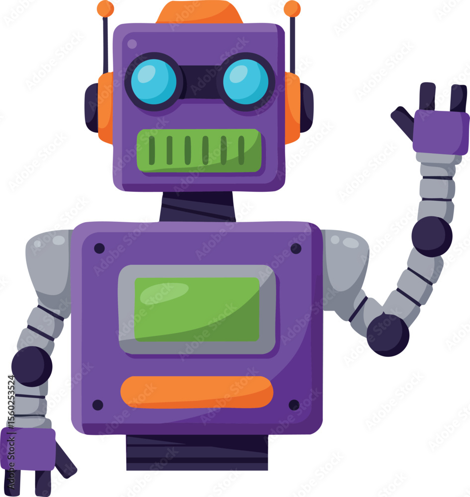 Fototapeta premium Purple retro robot waving hand with blue eyes and orange antenna technology design vector illustration