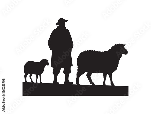 Shepherds with Sheep Silhouette – Minimal Black and White Vector Illustration