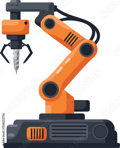 Industrial robotic arm with drill attachment for automated manufacturing and precision engineering tasks in factory settings