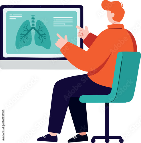 Man sitting on chair analyzing lung x-ray on computer screen vector illustration for medical health diagnostics and awareness